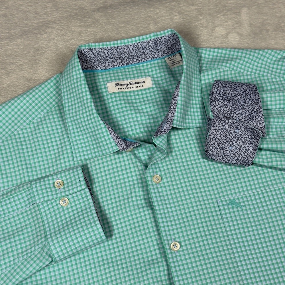 Tommy Bahama Button Down Mens XL Green Gingham Newport Coast Flip Cuff
